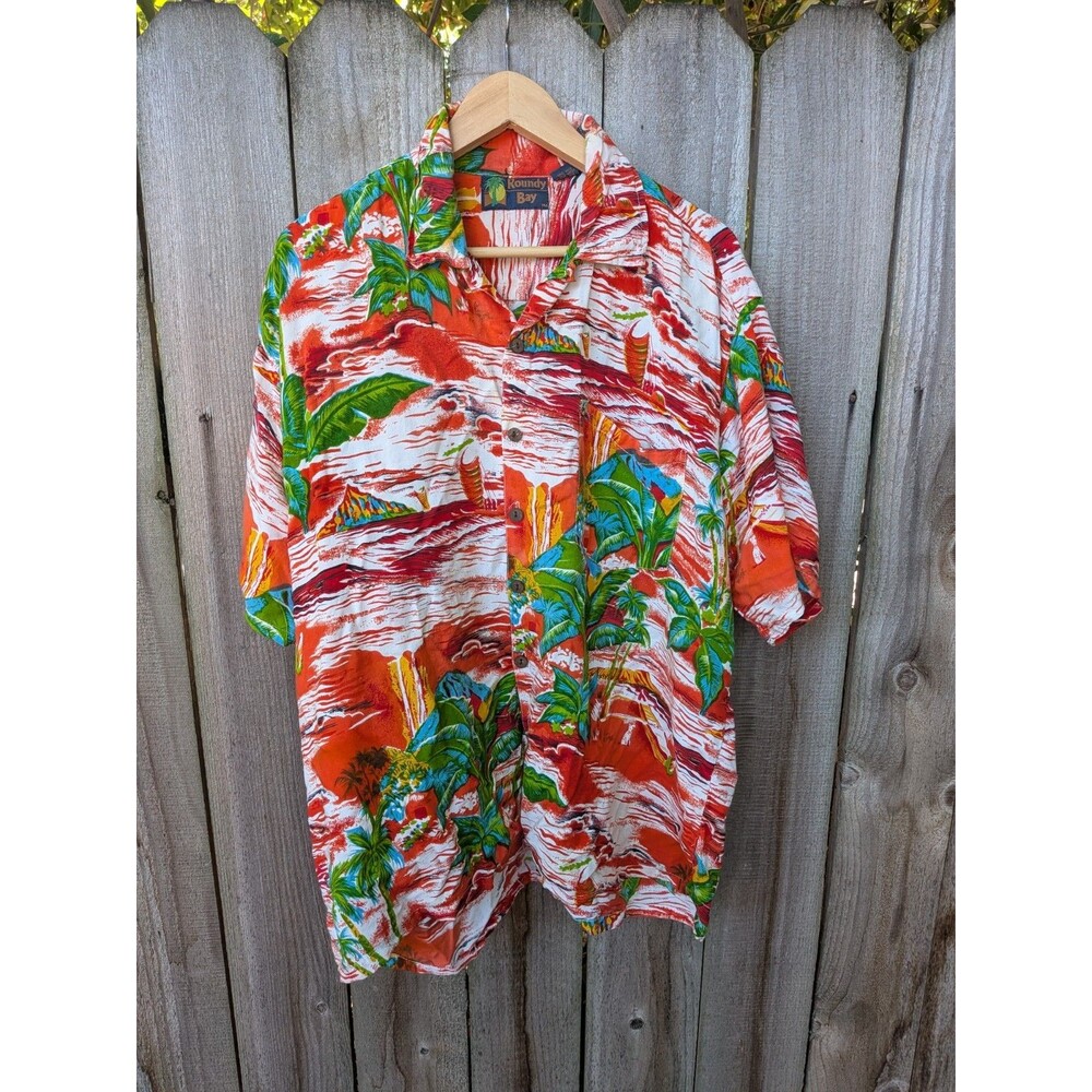Vintage ALoha Shirt Roundy Bay Rayon XL Orange Floral Tropical Volcano Hawaiian